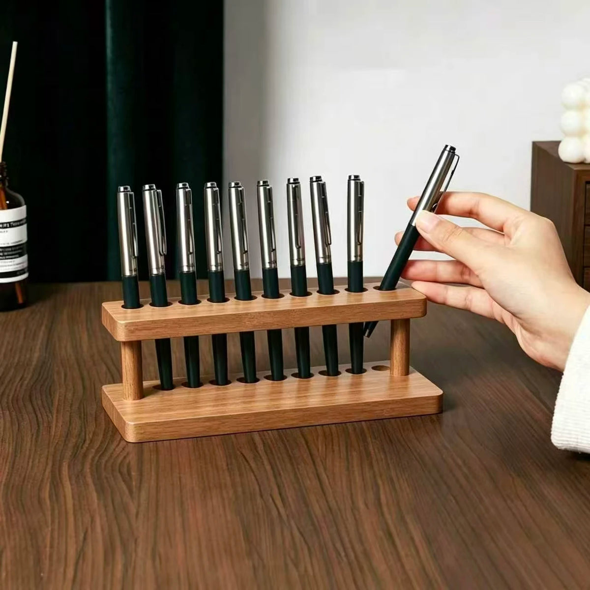 Walnut desk organiser with pen compartments and a phone slot, view 3