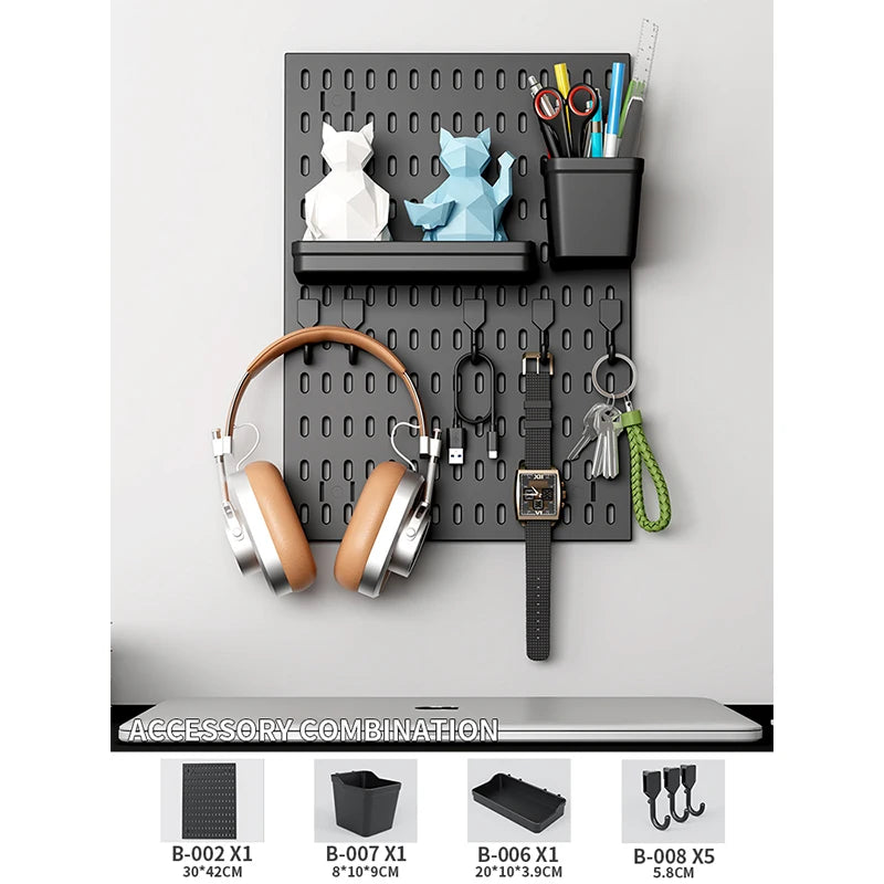 Wall pegboard with hooks, baskets and accessories, view 26