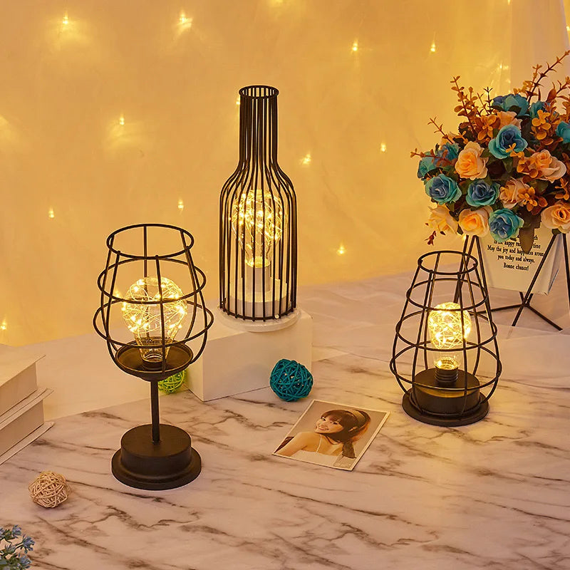 Wine bottle iron cage light decor