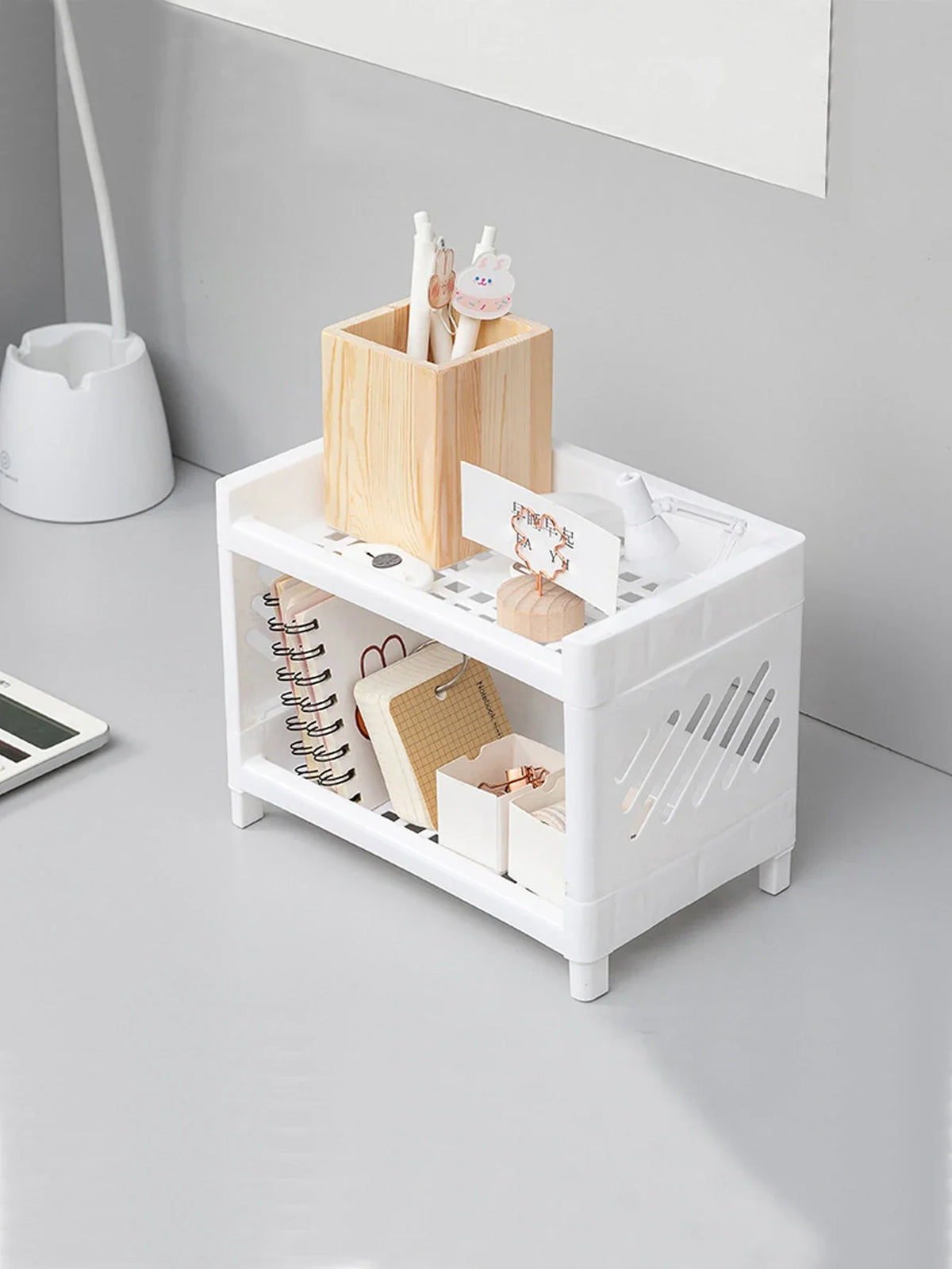 Double layer storage rack in pink, blue or white plastic, view 4
