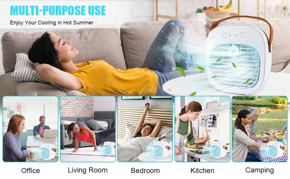 Person using a portable air conditioner in various settings with text highlighting multi-purpose use.