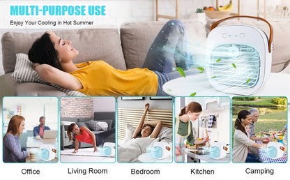 Person using a portable air conditioner in various settings with text highlighting multi-purpose use.