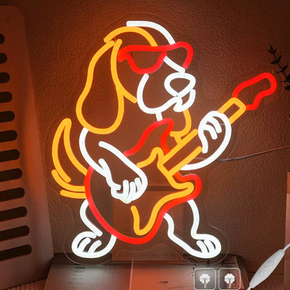 Music dog neon light glowing in living room