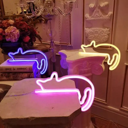 Cute cat neon light sign glowing in pink color, USB powered LED wall decoration for birthdays and parties