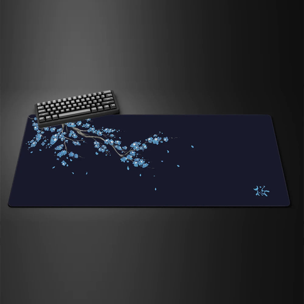 Black desk mat with a purple cherry blossom design, view 6