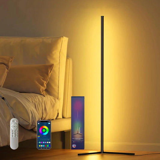 RGB color-changing floor lamp with 16 million color options, remote control, and music sync for gaming rooms and bedrooms