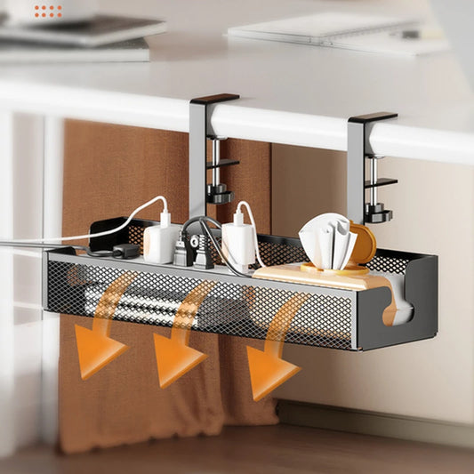 Deep carbon steel cable rack hooked under a desk
