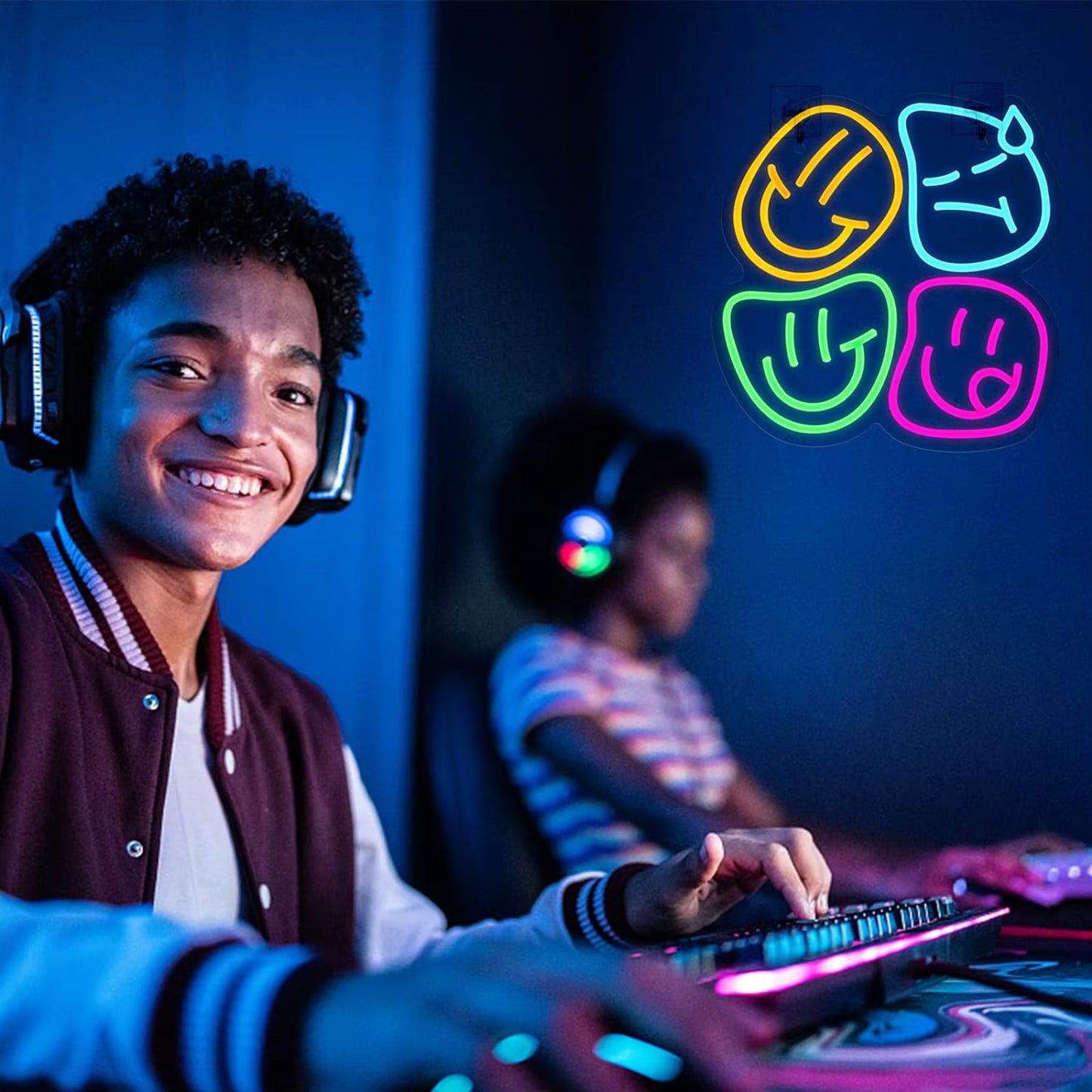 Smiley face LED neon sign gaming room wall art