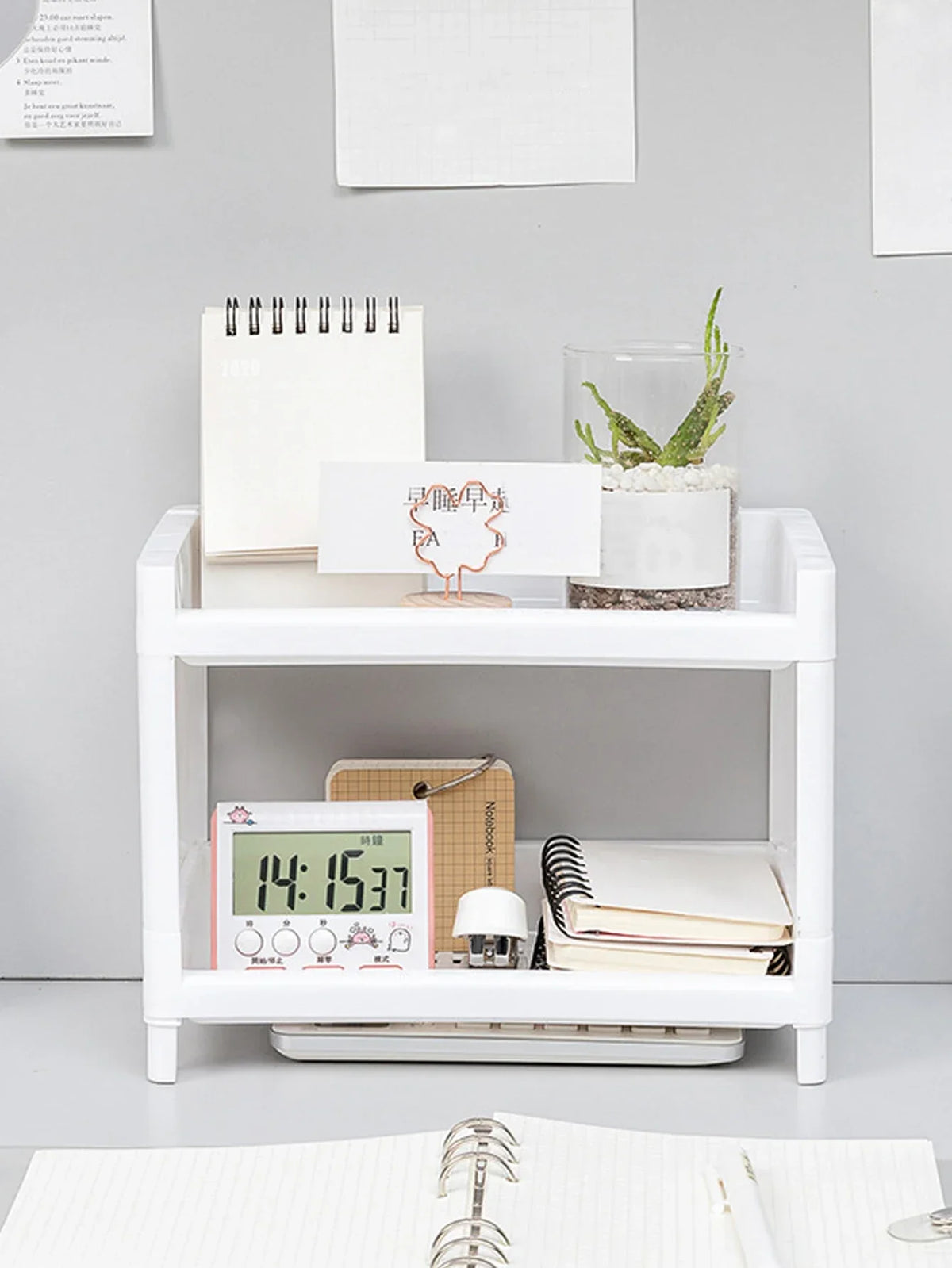 Double layer storage rack in pink, blue or white plastic, view 3