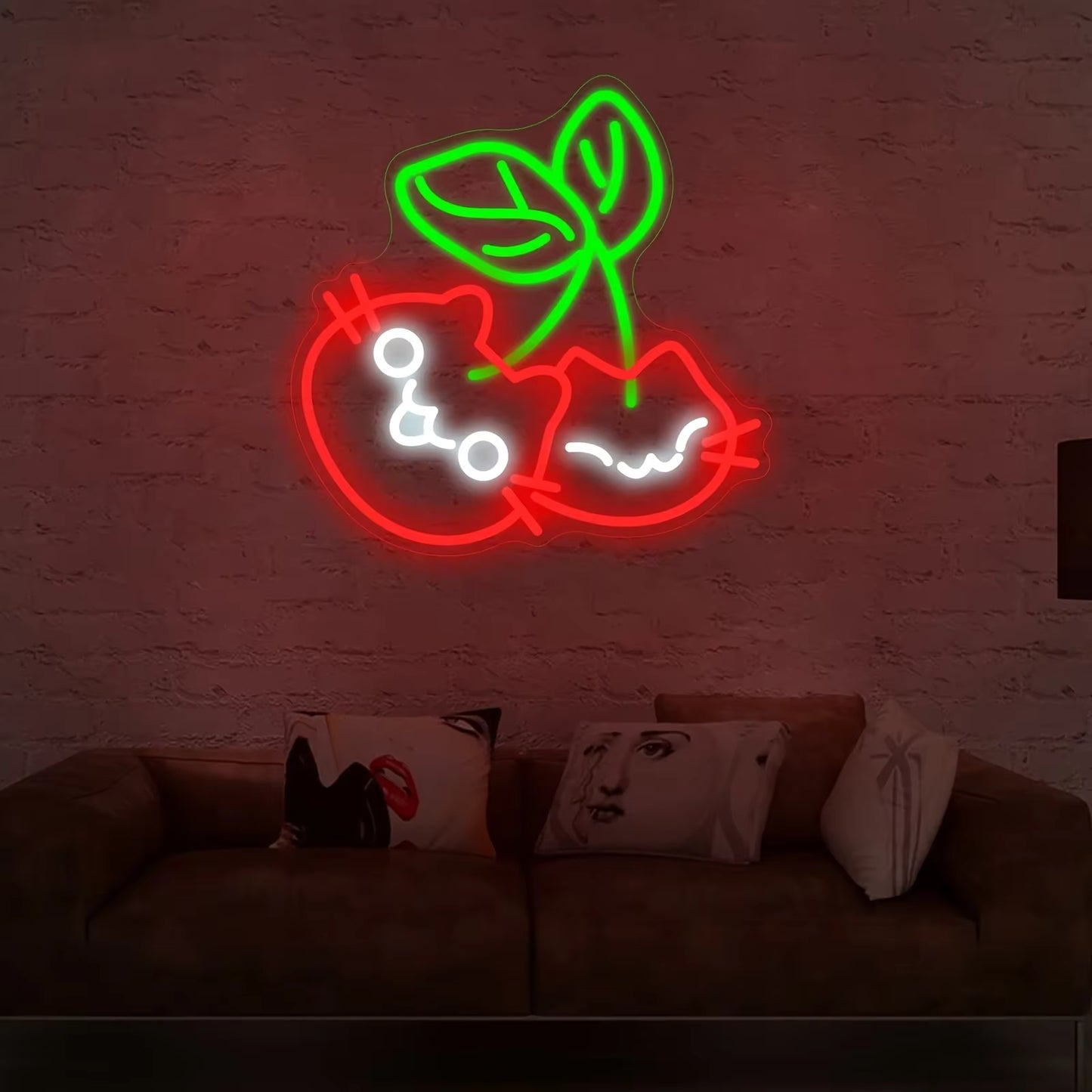 Cute cherry cat neon light glowing bedroom decor
