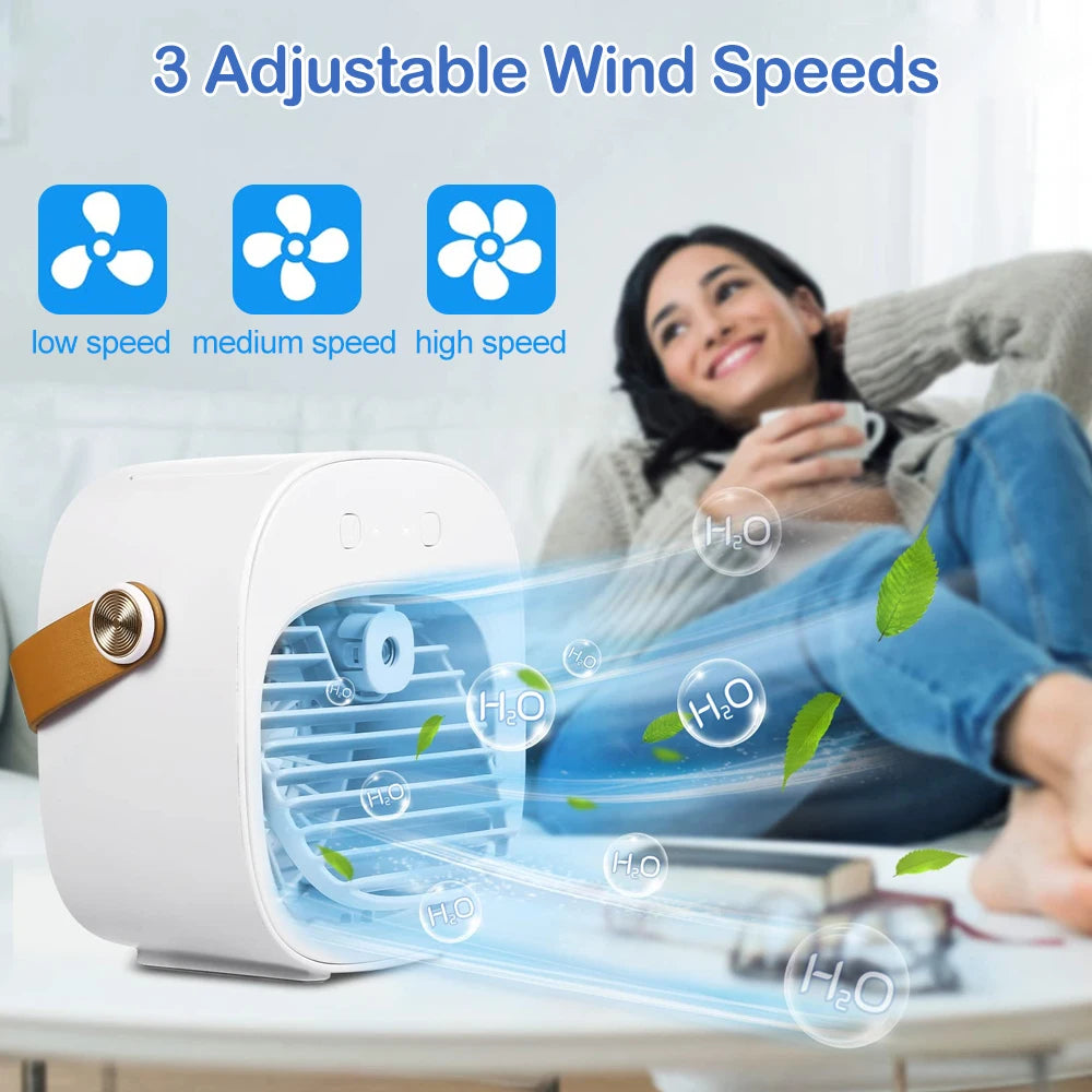 Portable air cooler with adjustable wind speeds and a woman relaxing with a cup of coffee.