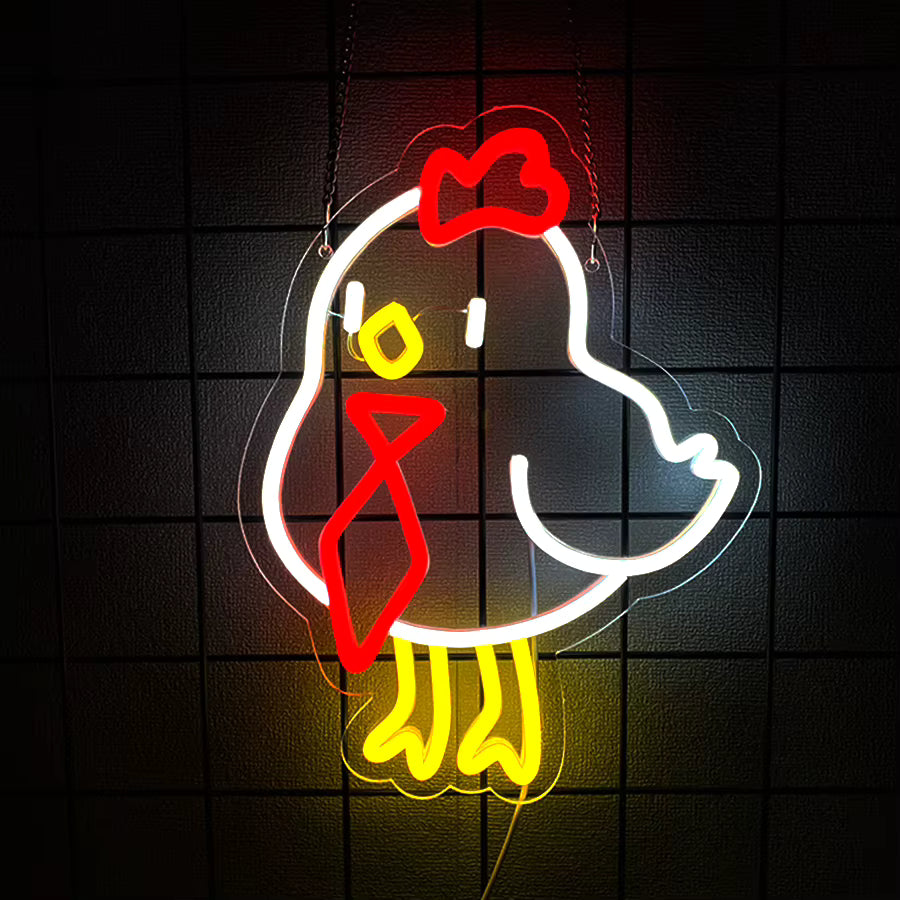 Rooster neon sign with tie cartoon chicken LED light