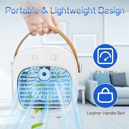 Portable air cooler with leather handle belt, shown in a living room setting.
