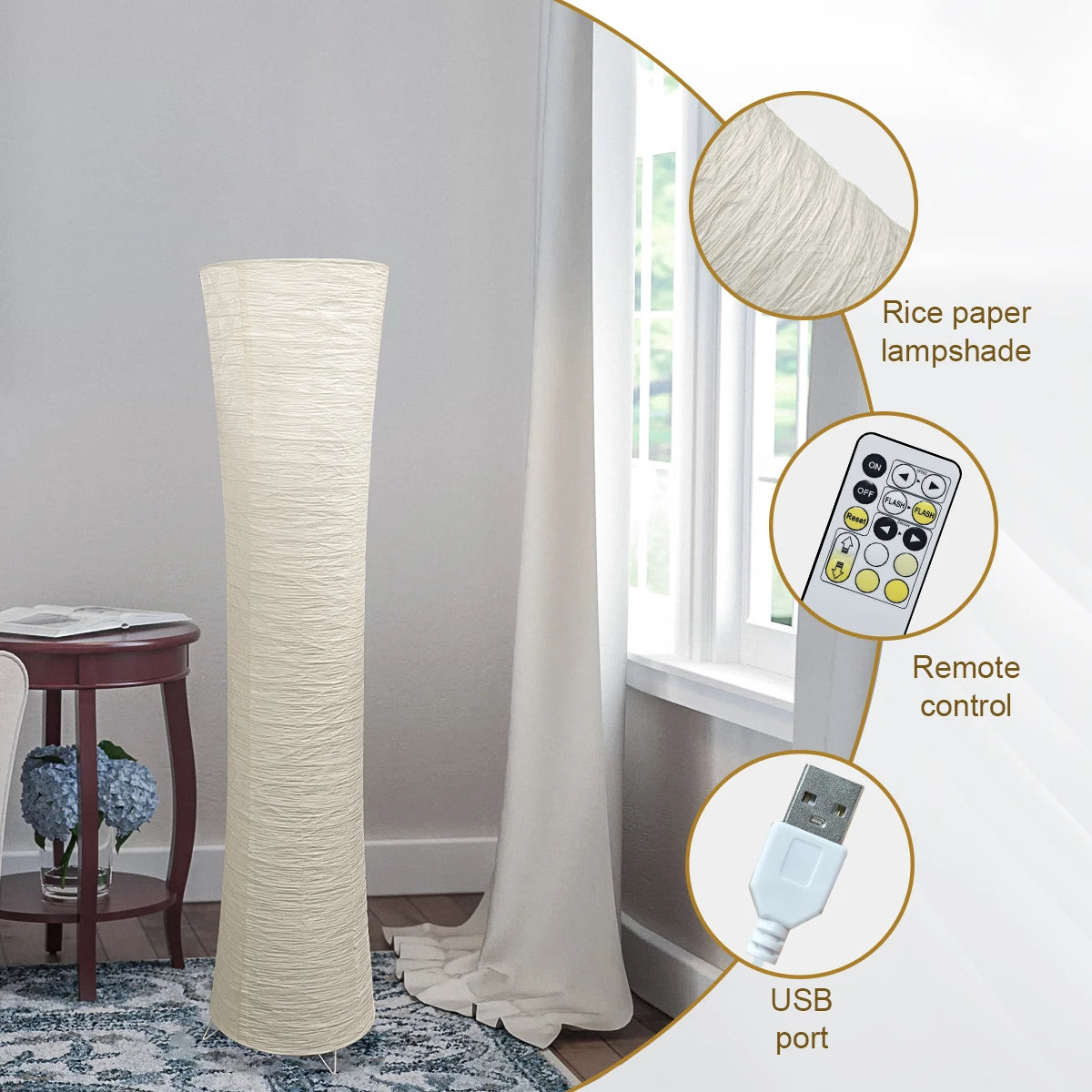Floor lamp with rice paper lampshade, remote control, and USB port in a room setting.