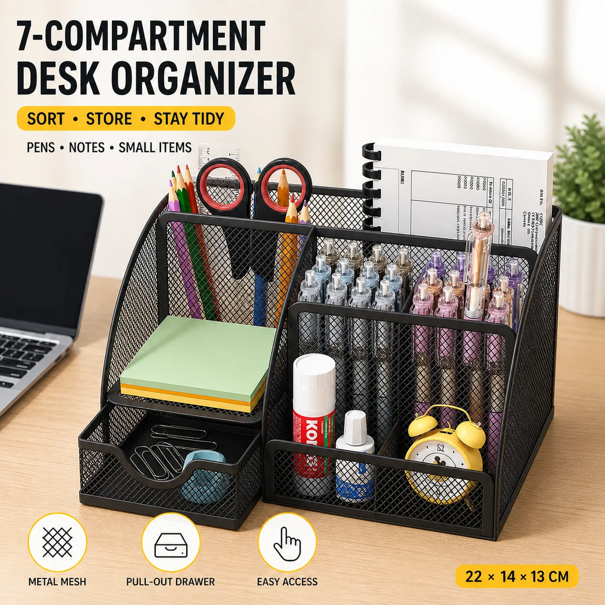 Metal mesh desk organiser with seven compartments and a drawer