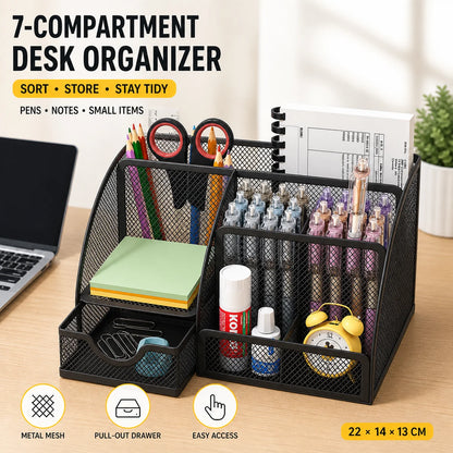 Metal mesh desk organiser with seven compartments and a drawer