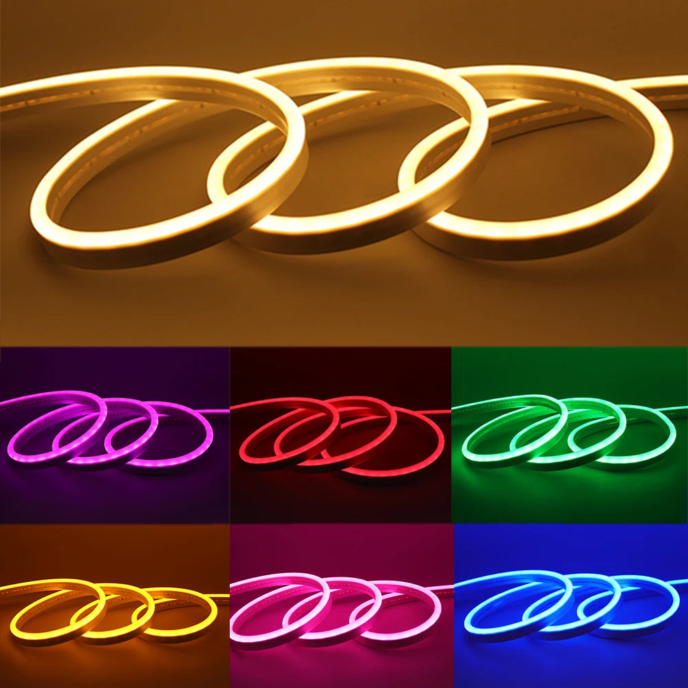 Flexible neon strip glowing along bedroom wall