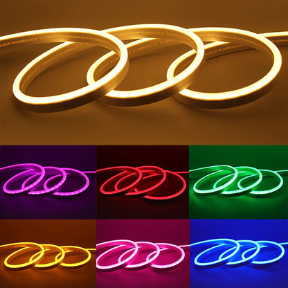 Flexible neon strip glowing along bedroom wall