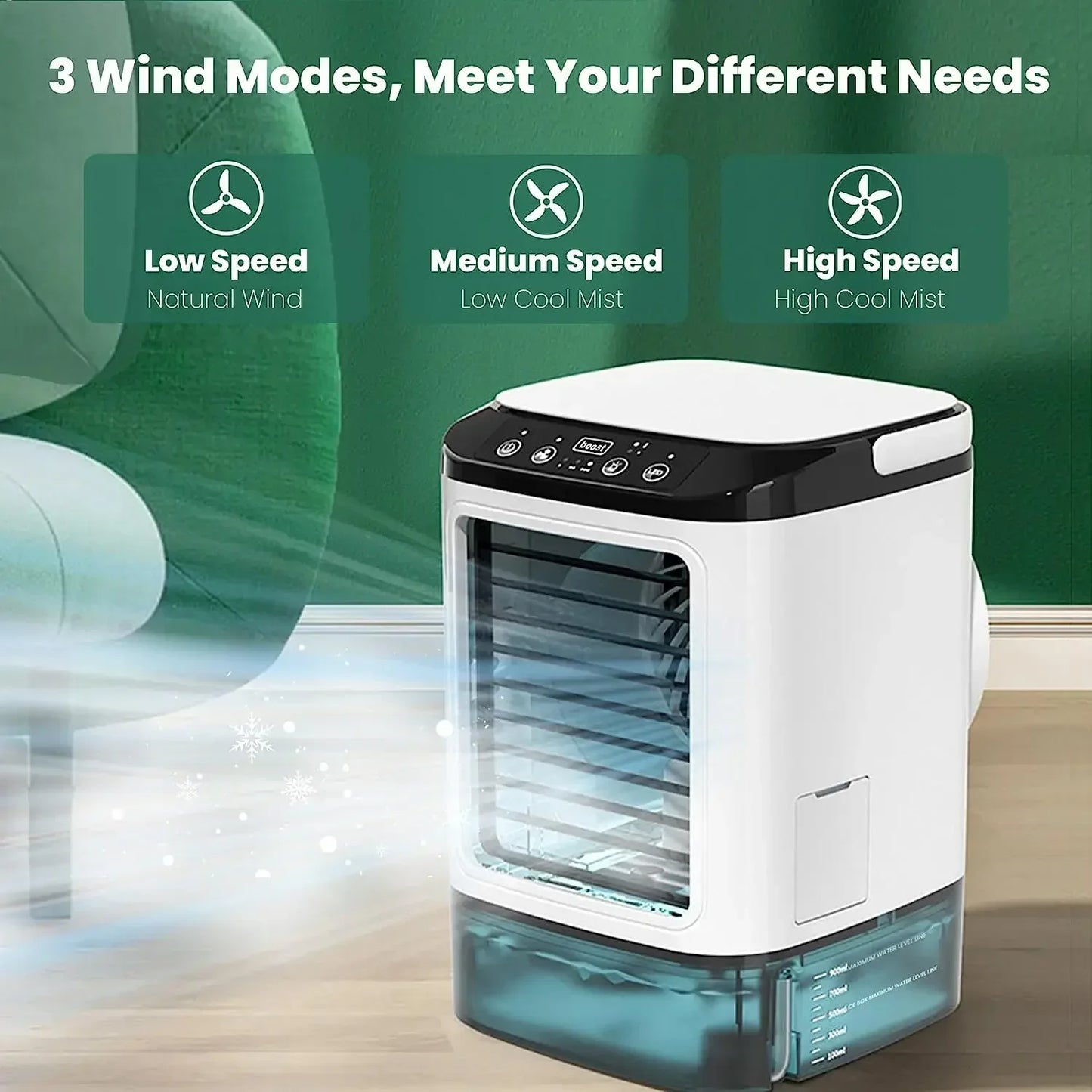 Portable air conditioner with three wind mode indicators on a green background