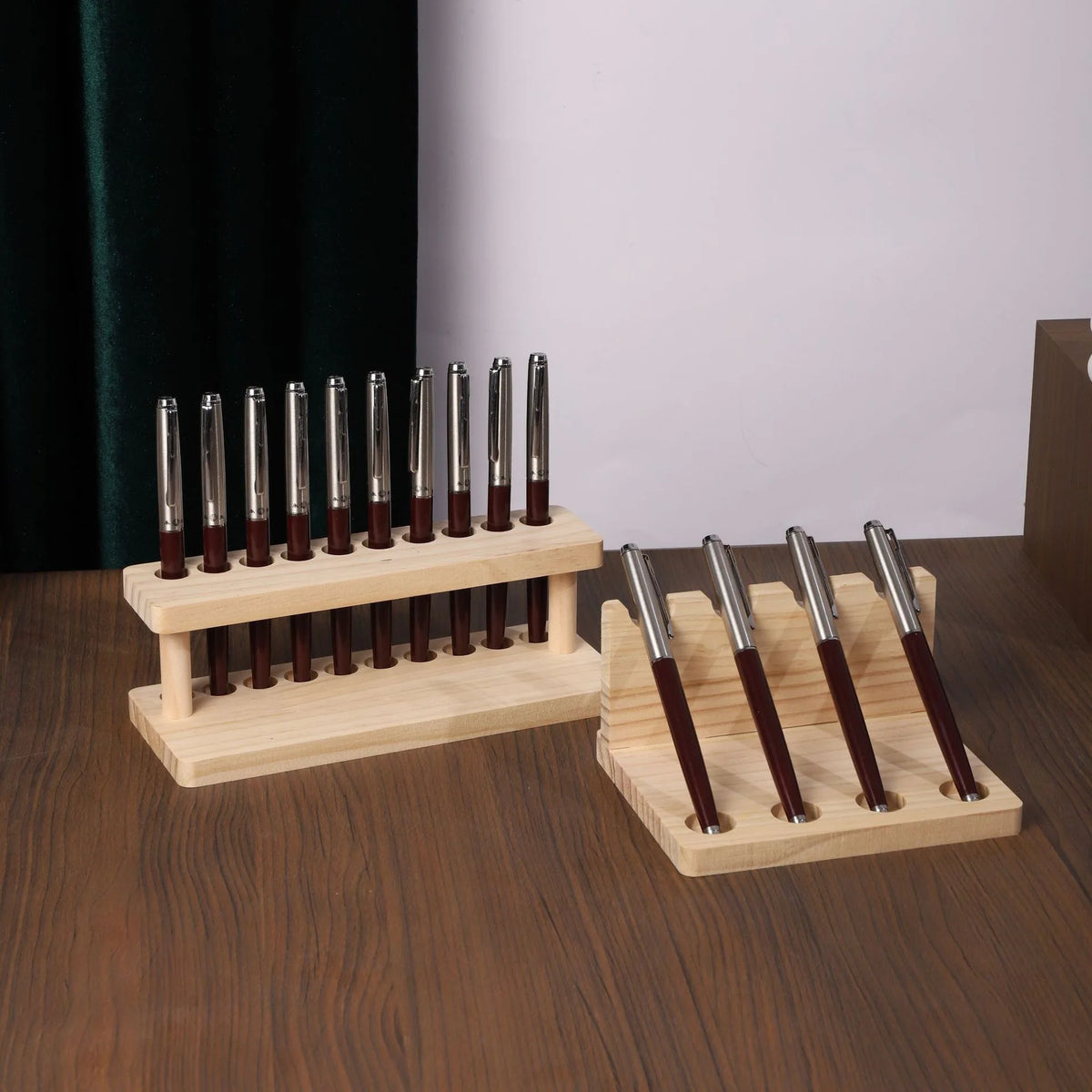 Walnut desk organiser with pen compartments and a phone slot, view 2