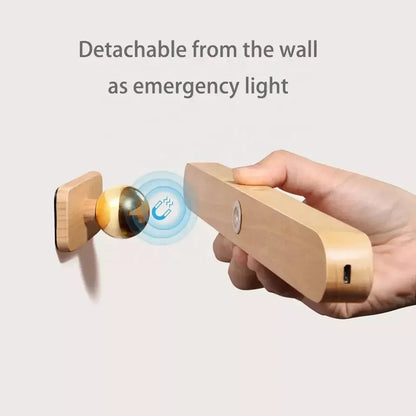 Cordless wooden mirror light with modern design, dimmable LED and battery powered for convenience