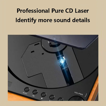 Wooden desktop CD player with a translucent dust cover, view 4