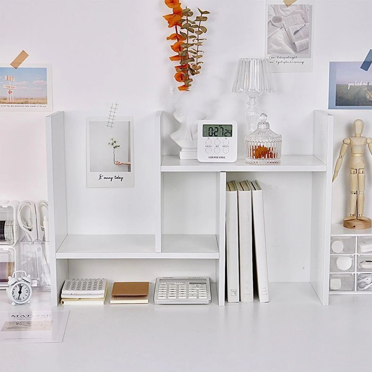 White adjustable desk bookshelf, expandable multi tier, view 6