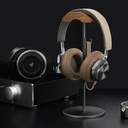 Walnut headphone stand with an aluminium base