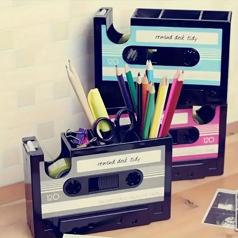 Cassette tape shaped desk tidy with pen compartments and a tape dispenser, view 3