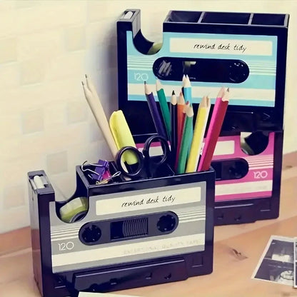 Cassette tape shaped desk tidy with pen compartments and a tape dispenser, view 3
