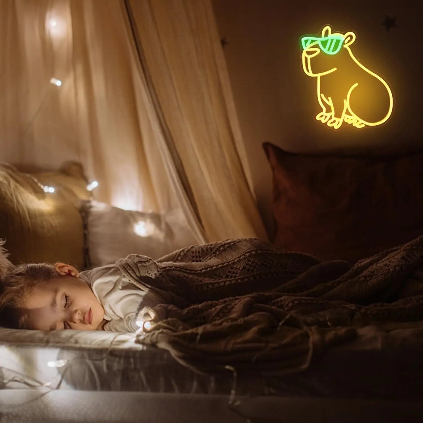 Child sleeping on a bed with a neon sign of a dog wearing sunglasses above them.