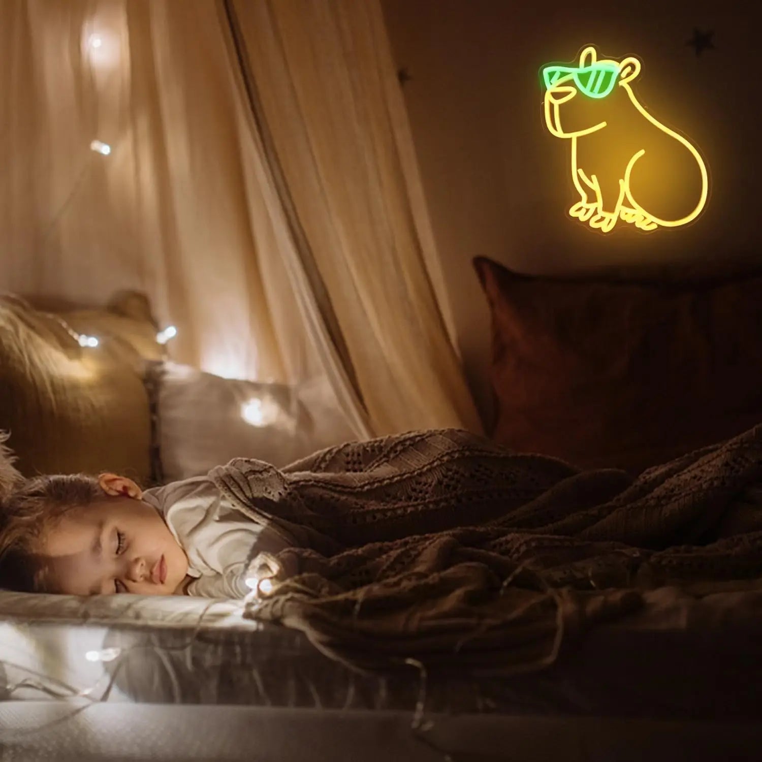 Child sleeping on a bed with a neon sign of a dog wearing sunglasses above them.