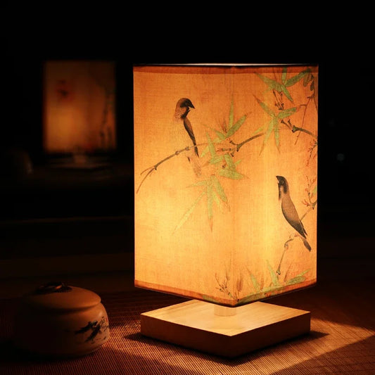 Vintage wooden table lamp with hand-painted Chinese landscape art, warm ambient LED lighting for bedroom desk