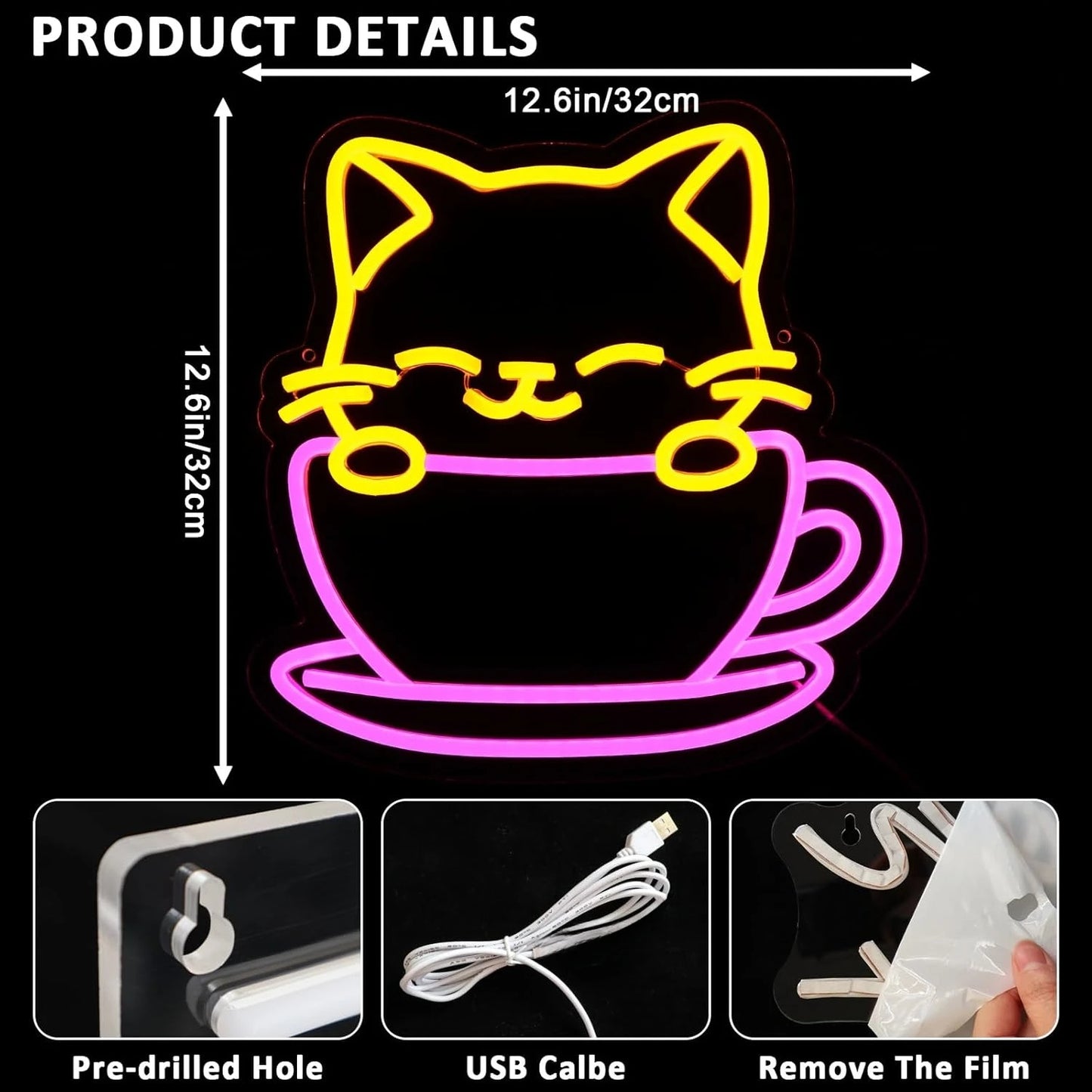 Neon sign of a cat in a cup with dimensions and product details on a black background.