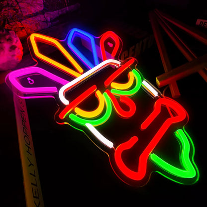 Tiki neon sign glowing in bar and gaming room decor