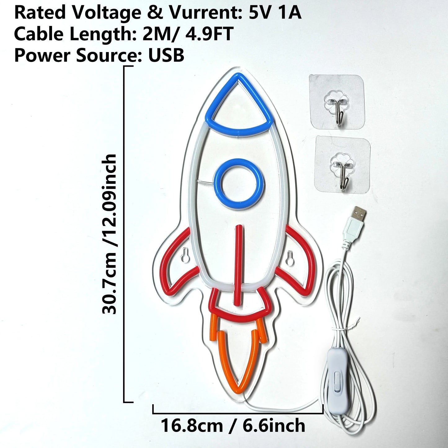 Rocket-shaped LED sign with USB cable and power source details on a white background