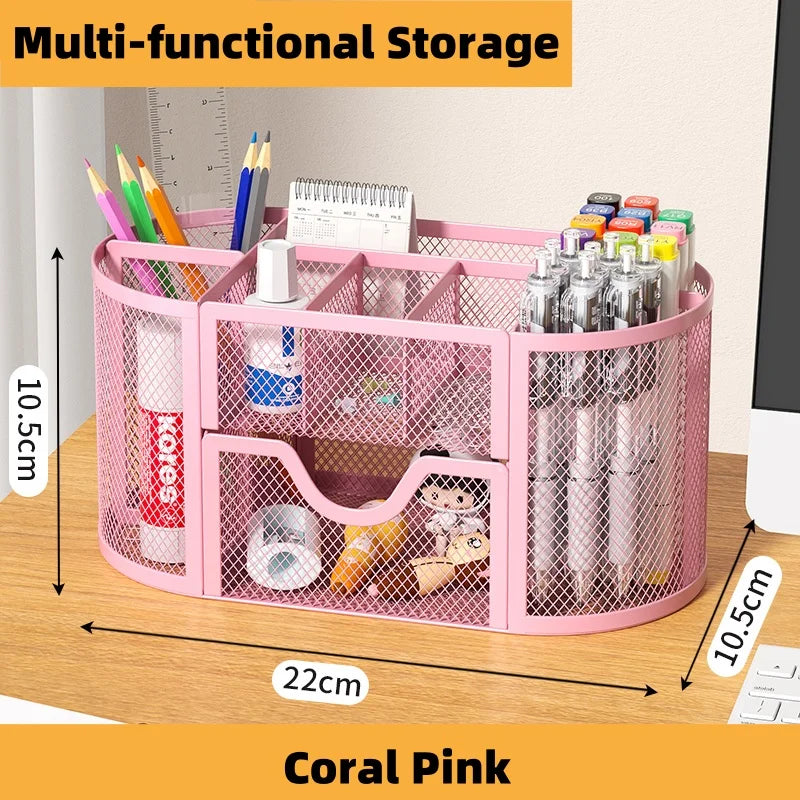 Metal mesh desk organiser with seven compartments and a drawer, view 9