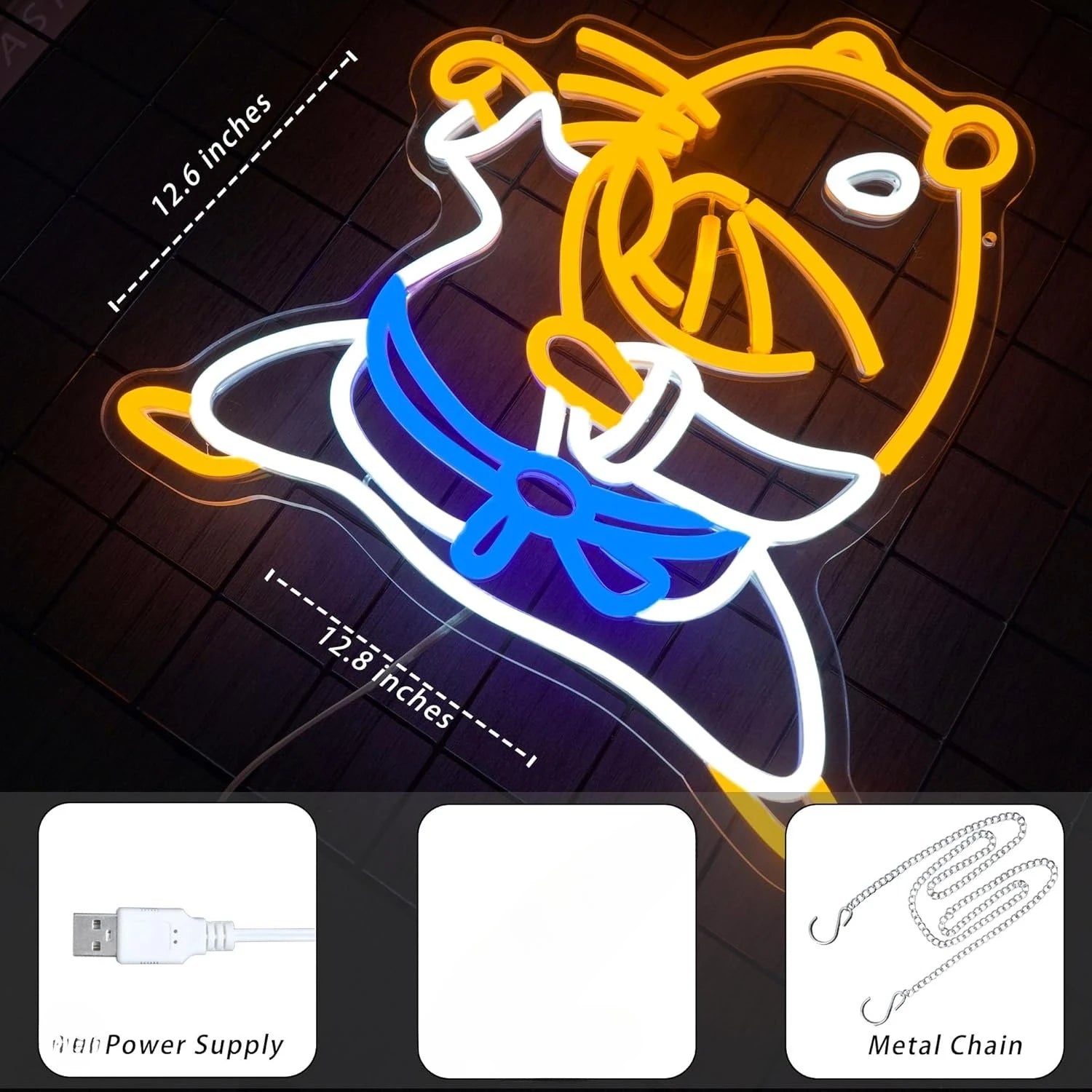 Neon sign of a cartoon character with measurements and included items displayed.