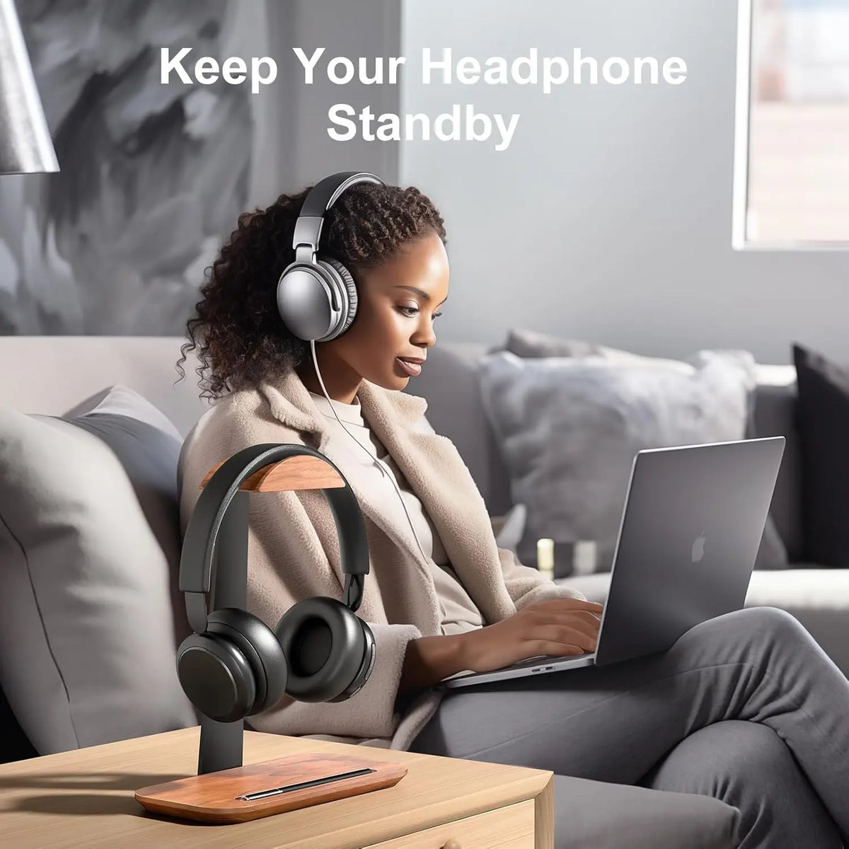 Wooden headphone stand with an aluminium stem and a storage base, view 4
