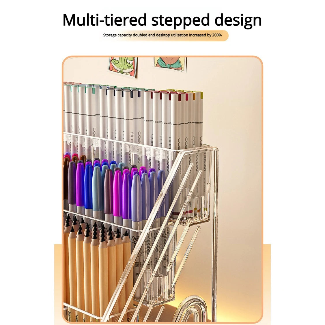 Tiered acrylic pencil holder and marker organiser rack, view 3