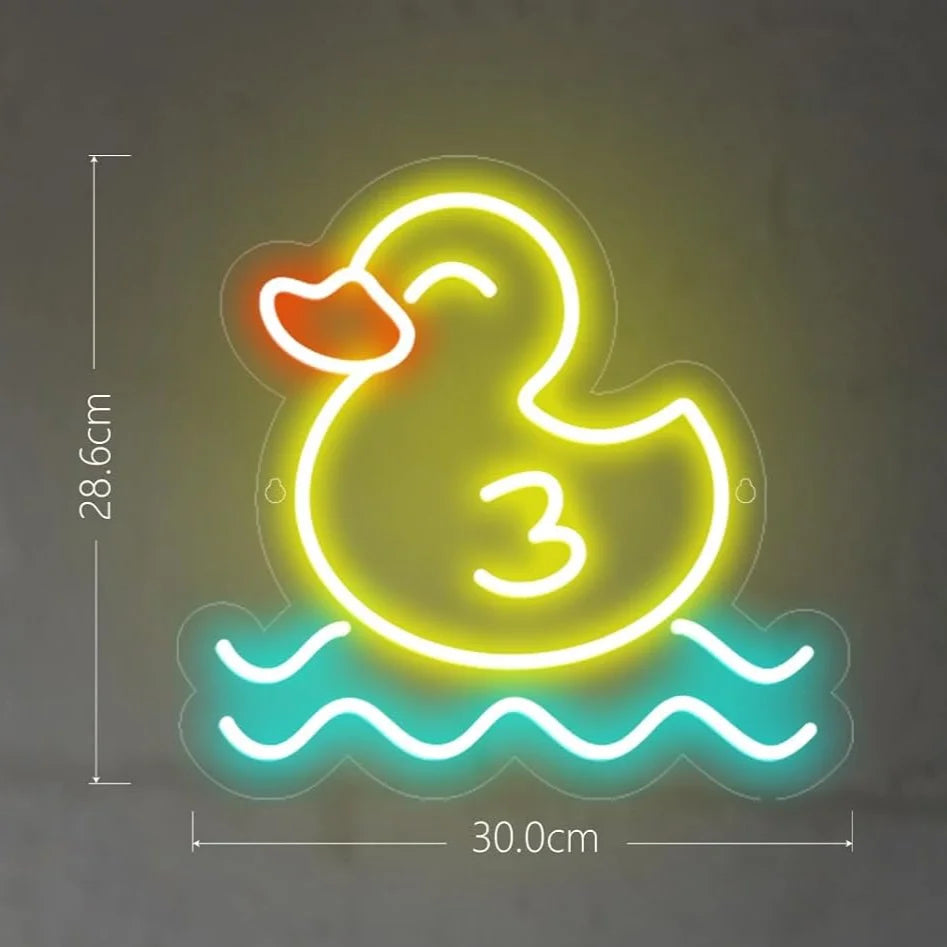 Neon sign of a rubber duck with the number 3, dimensions indicated.