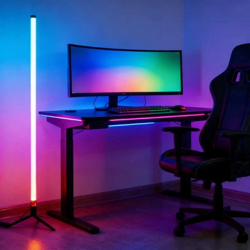 120CM LED RGB floor lamp bar with sound-reactive technology for gaming room atmosphere and e-sports setup