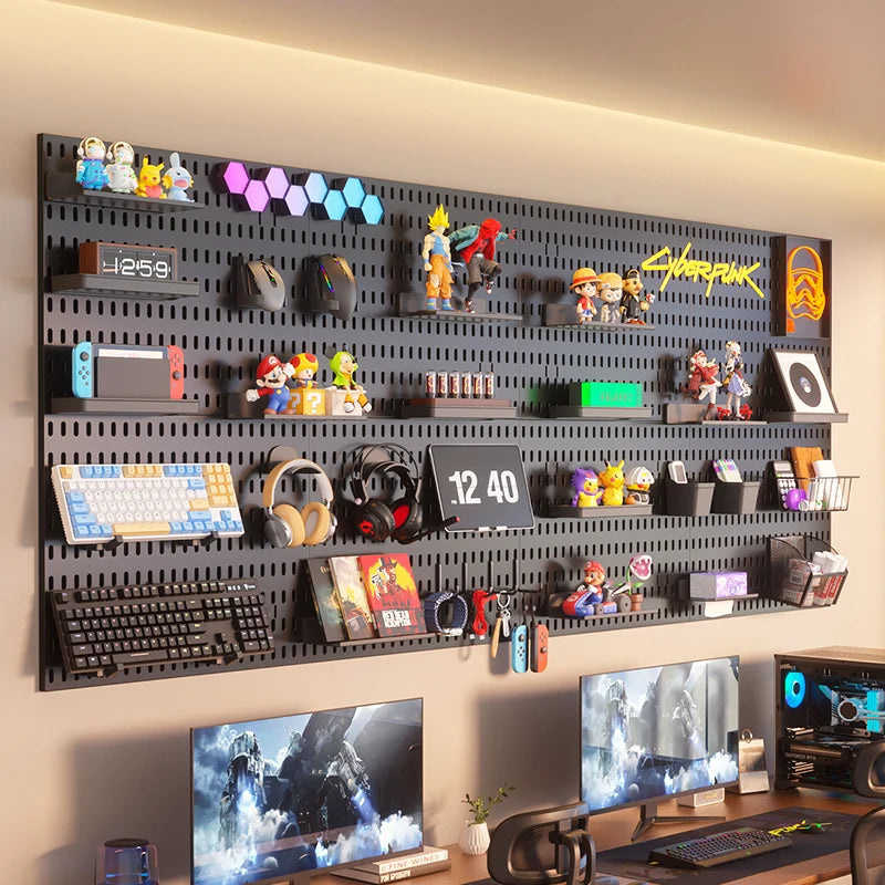 Black gaming pegboard wall organiser with holders