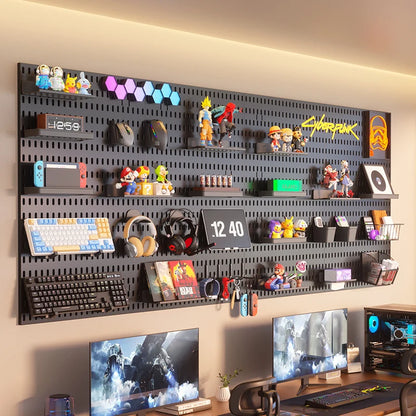 Black gaming pegboard wall organiser with holders