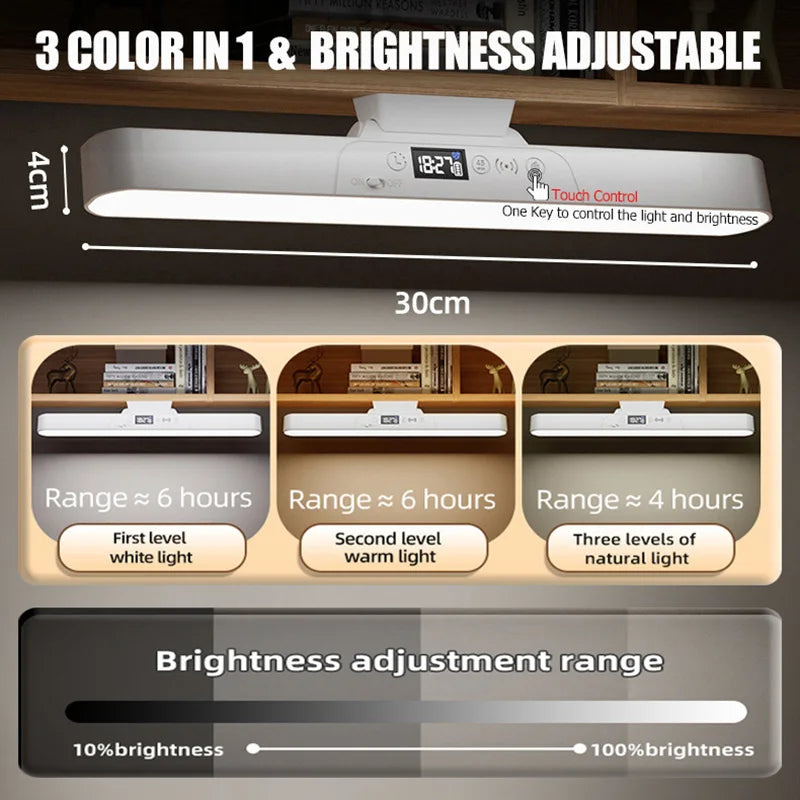 Magnetic desk lamp with battery status and clock display