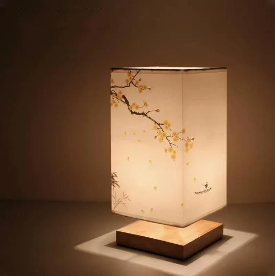 Close-up of hand-painted Chinese landscape art on wooden lamp base, authentic retro vintage details