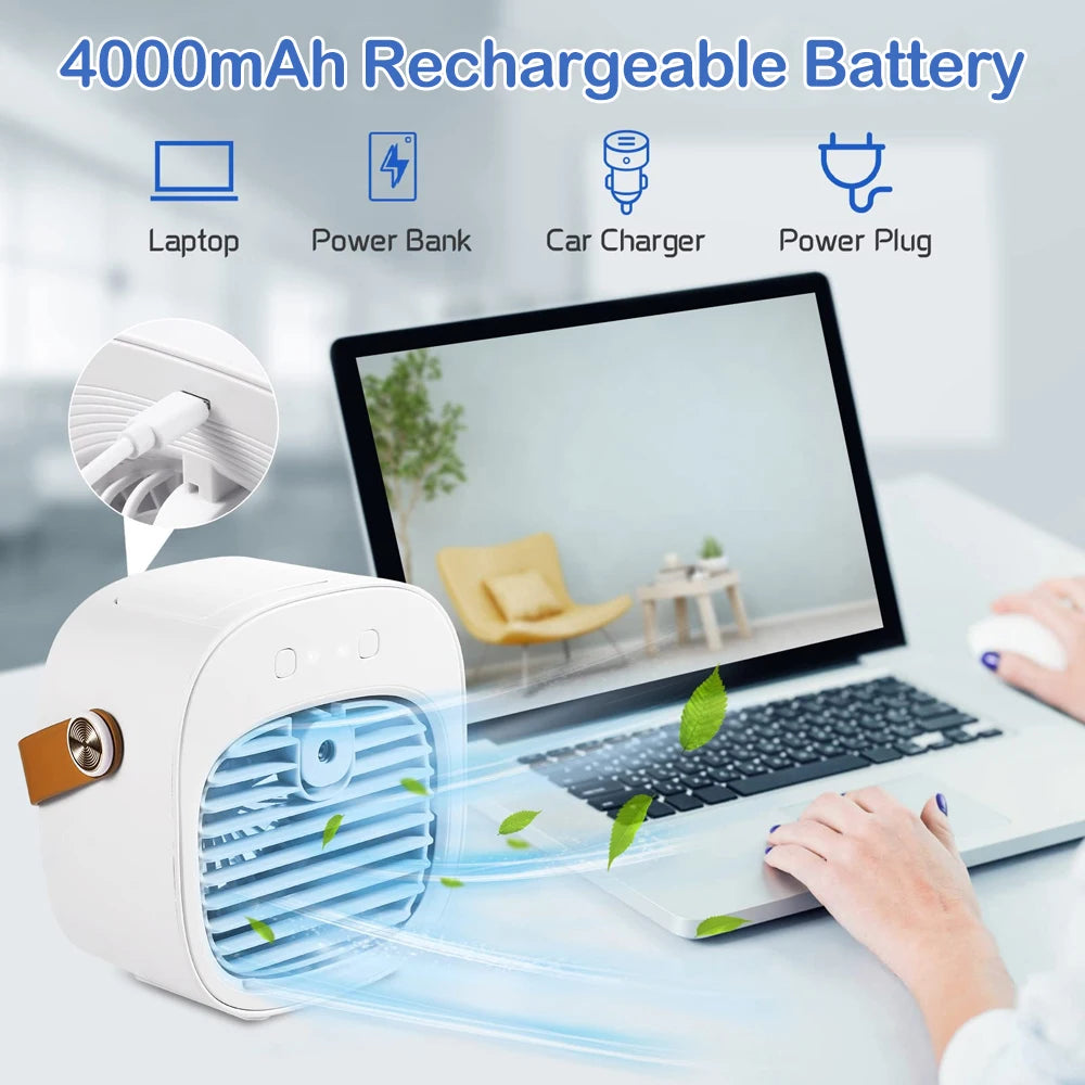 Portable fan with 4000mAh rechargeable battery on a desk with a laptop, power bank, car charger, and power plug icons.