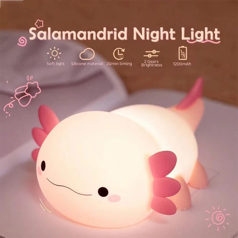 Cute axolotl night light silicone touch control USB rechargeable nursery lamp for baby