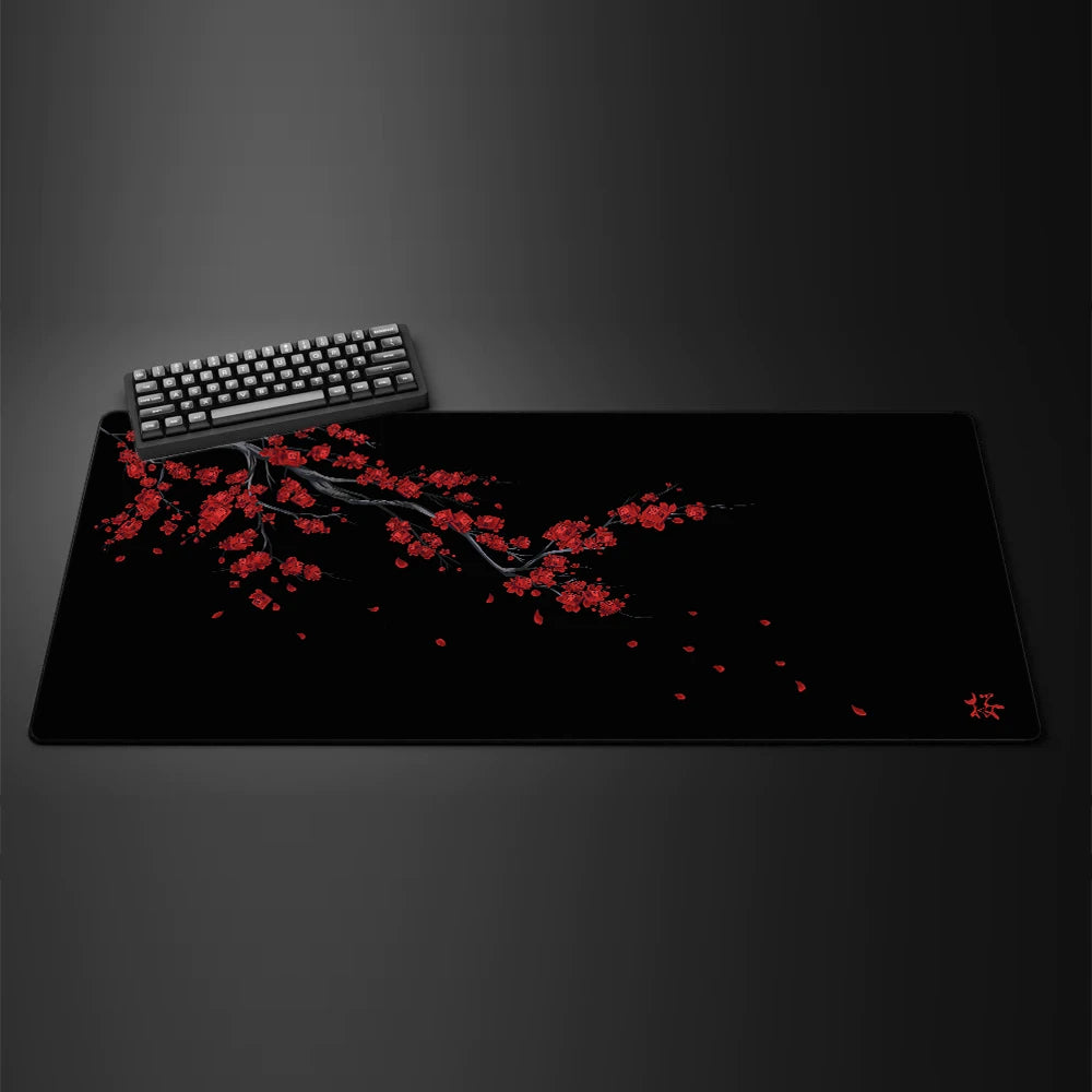 Black desk mat with a purple cherry blossom design, view 7