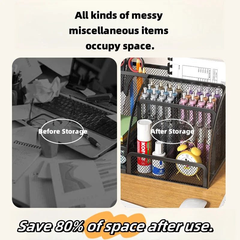 Metal mesh desk organiser with seven compartments and a drawer, view 2